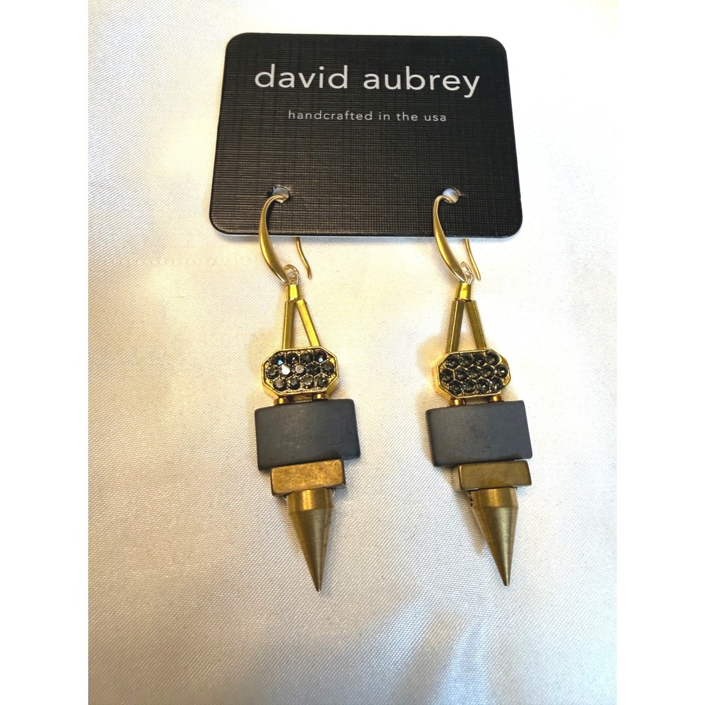 David Aubrey Handcrafted Geometric Spike Drop Earrings Gold Tone Grey Crystal